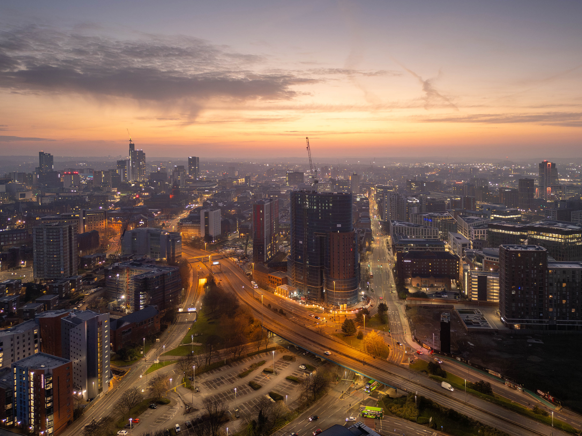 Leeds skyline at dusk